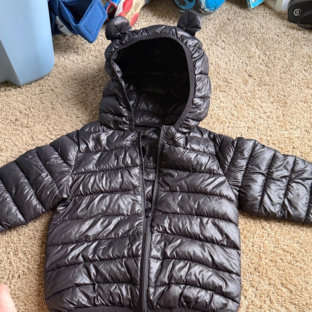 Black Puffer Jacket with Bear Ears